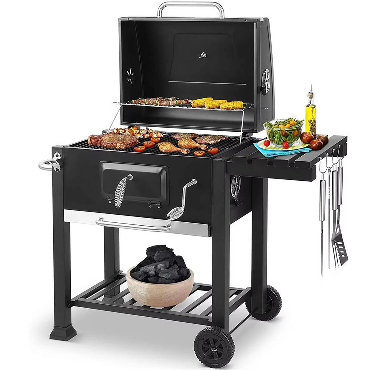 HOLZKOHLEGRILL BBQ für 5–10 Personen mit 2 Rädern - Schwarz, Metall (116/82.6/55.7cm) - Kaket