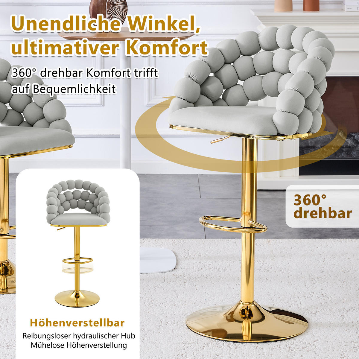 BARHOCKER 2er-Set aus Samt mit Gold-Gestell, Kugelketten-Rückenlehne und höhenverstellbar - Hellgrau, Textil (45/112/52cm) - Urban Meuble