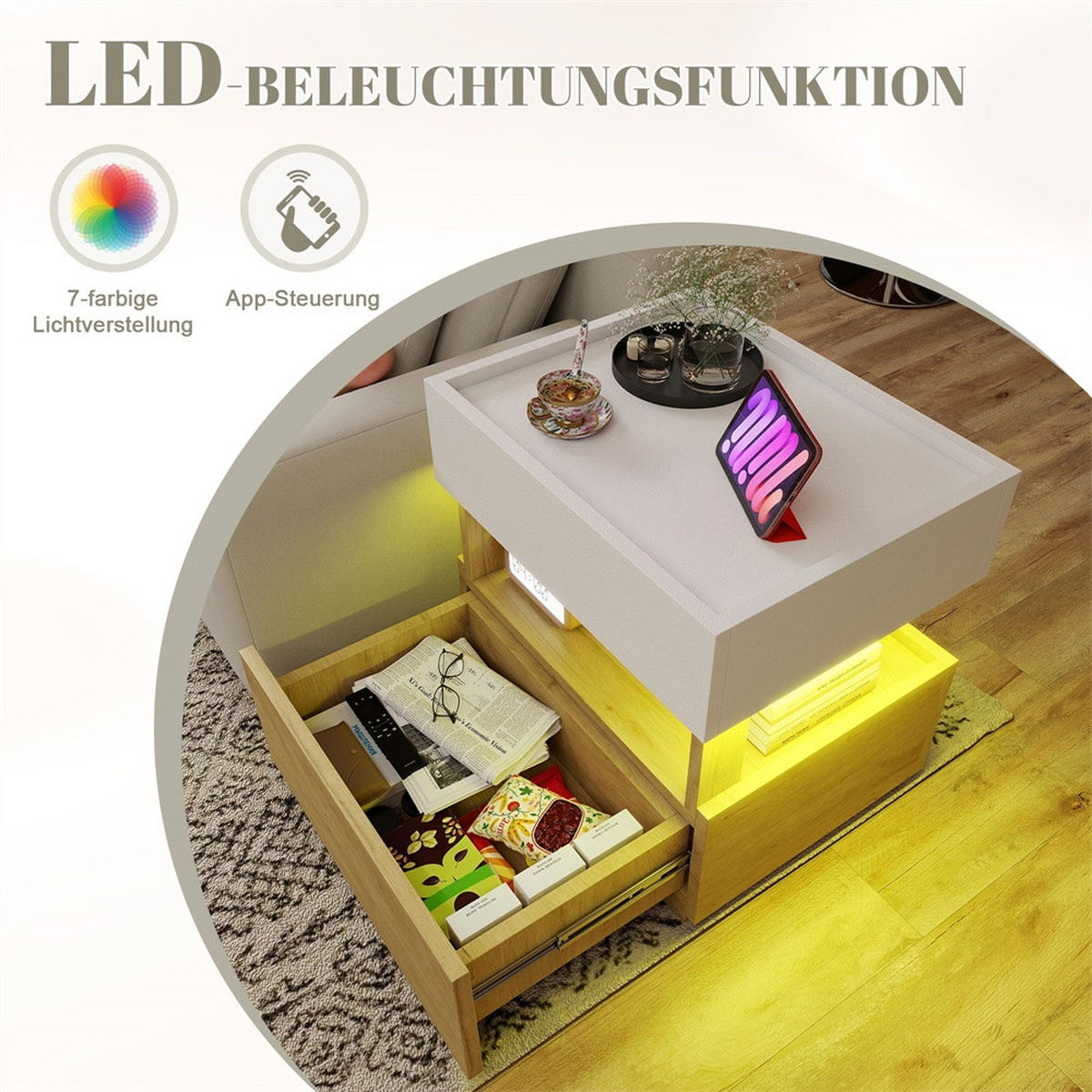 NACHTTISCH 50x40x50 cm mit 2 Schubladen - zweistöckiger Nachttisch mit LED Beleuchtung - Natur und Weiß - Weiß, Holzwerkstoff (50/50/40cm) - DELFA