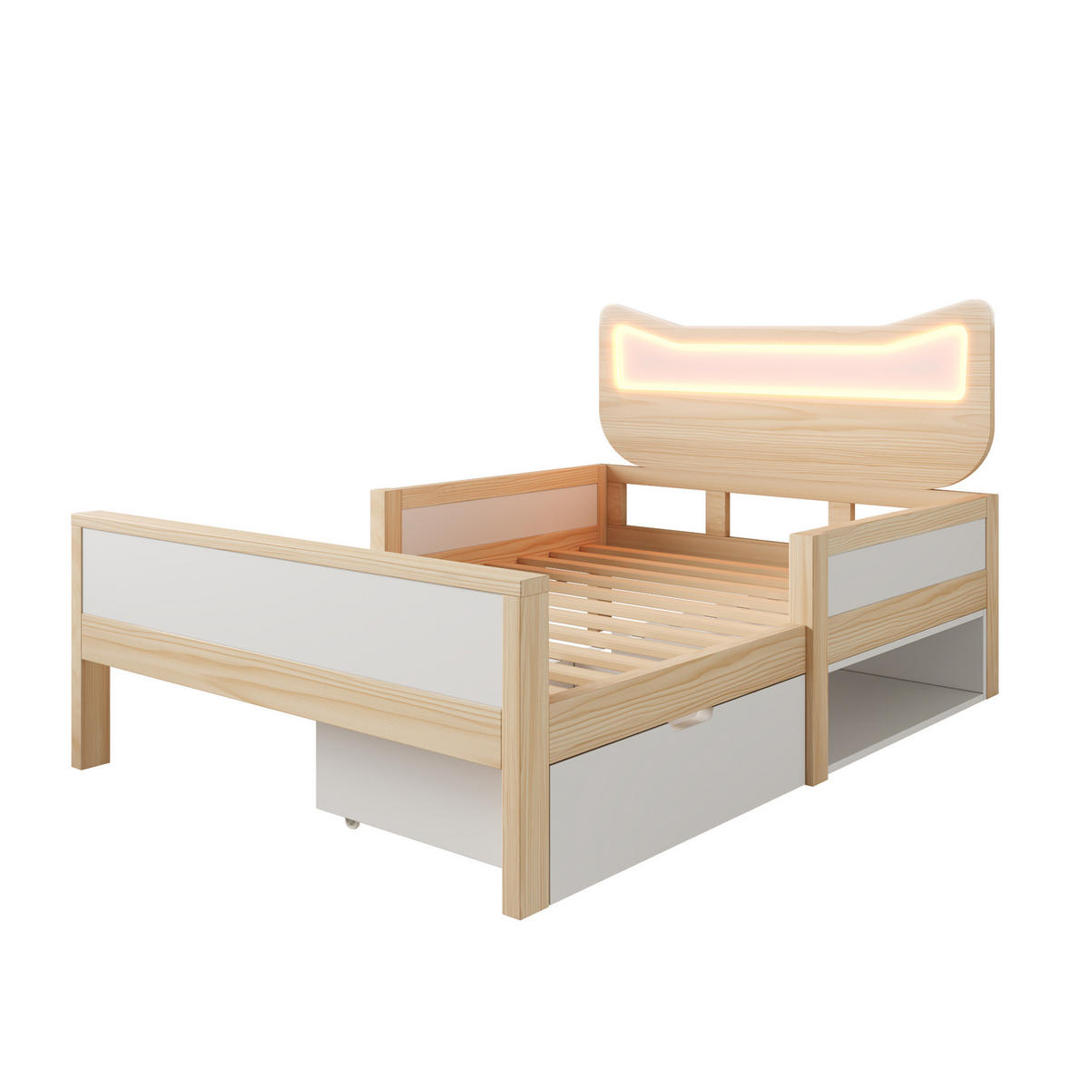 KINDERBETT 90/200 cm Weiß/Eiche mit RGB-LED, Schutzgitter, Lattenrost und Schublade mit Staufach - Naturfarben, Holz (90/200cm) - OKMYHOME