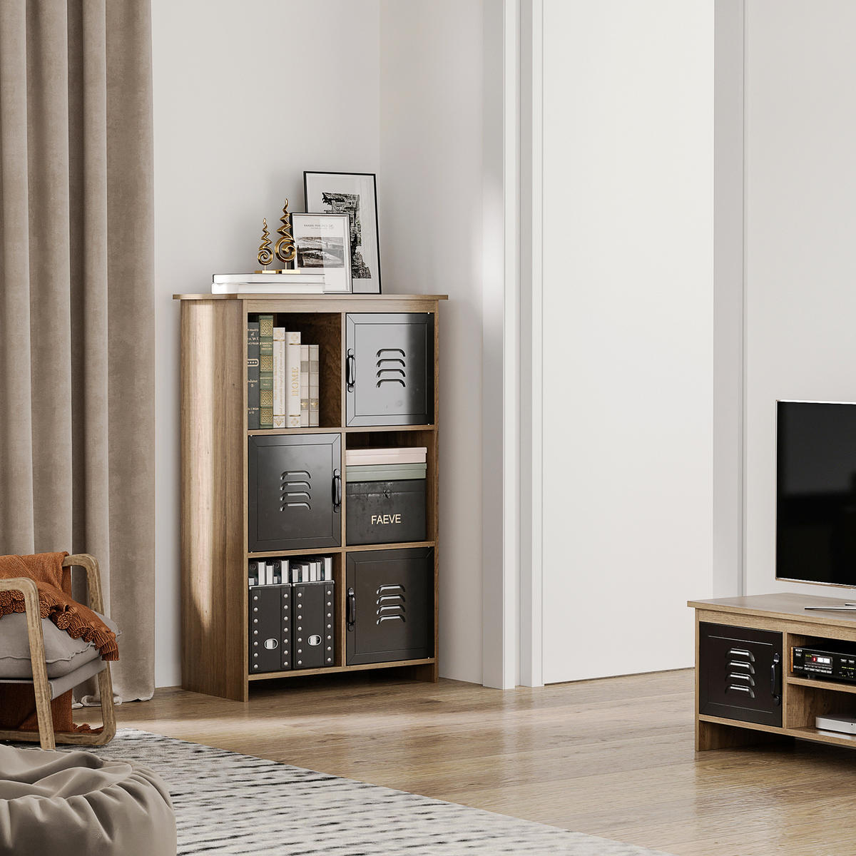 AKTENREGAL DE-14407 Industriedesign mit Metalltüren Schwarz/Holz - Braun, Holzwerkstoff (35/116.5/75cm) - ComfortXL