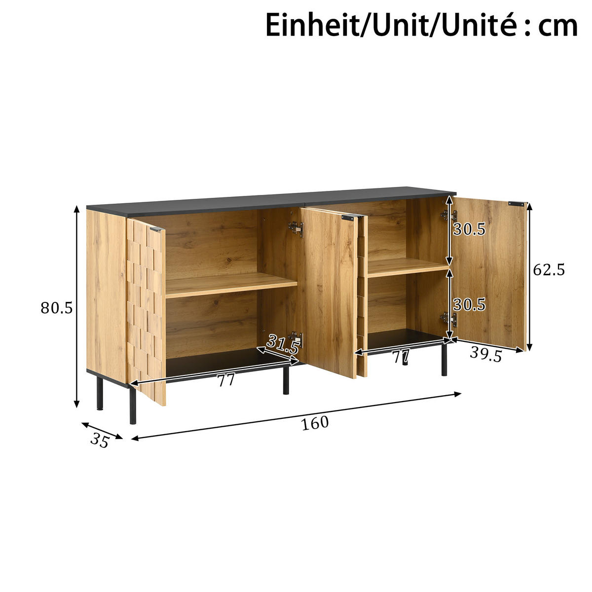 SIDEBOARD 160/35/80,5 cm mit 2 Türen in Natur/Schwarz & Mosaikfronten - Naturfarben, Holzwerkstoff (160/80/35cm) - BEAOK