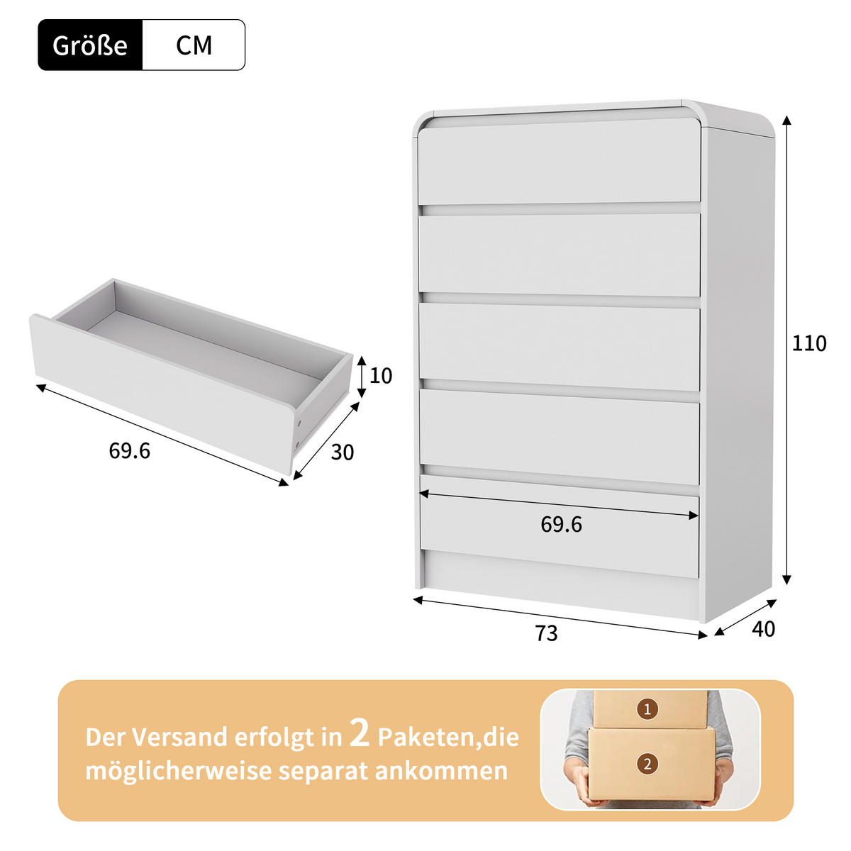 KOMMODE 5 Schubladen mit LED-Beleuchtung, Weiß,73x40x110 cm - Weiß, Holz (40/110/73cm) - PARAFTA HOME