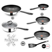 PFANNENSET Edelstahl E30 Jamie Oliver 8-teilig – Bratpfannen Ø20/24/28 cm, Schmorpfanne Ø25 cm, Wok Ø28 cm, Glasdeckel, Pfannenwender, Filzschoner - Schwarz, Keramik/Metall - Tefal