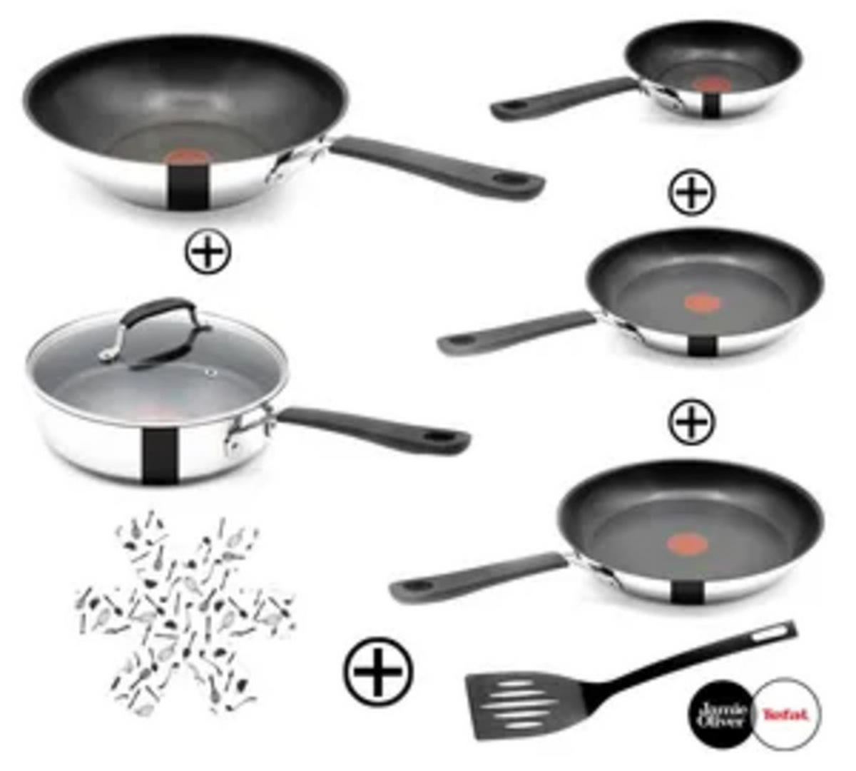 PFANNENSET Edelstahl E30 Jamie Oliver 8-teilig – Bratpfannen Ø20/24/28 cm, Schmorpfanne Ø25 cm, Wok Ø28 cm, Glasdeckel, Pfannenwender, Filzschoner - Schwarz, Keramik/Metall - Tefal