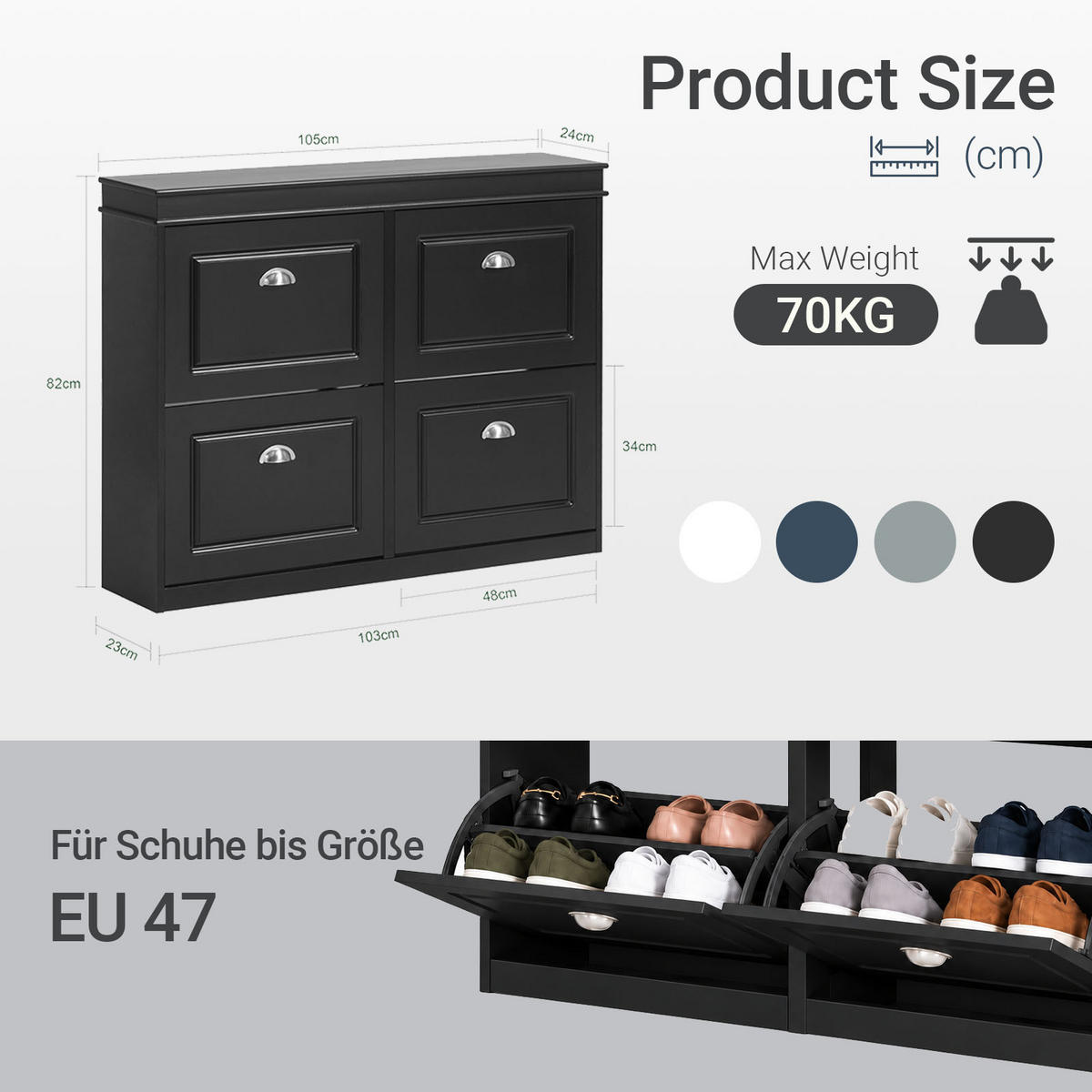 COMODĂ de intrare cu 4 sertare și spațiu pentru pantofi - negru, compozit lemnos (105/82/24cm) - SoBuy