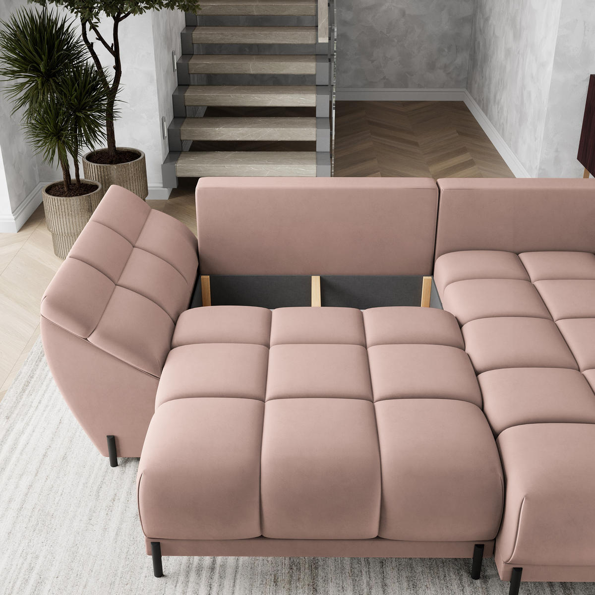 ECKSOFA VESTANO R-S Rosa Velours-Stoff mit Schlaffunktion - Rosa, Holz (287/182cm) - MASSENO