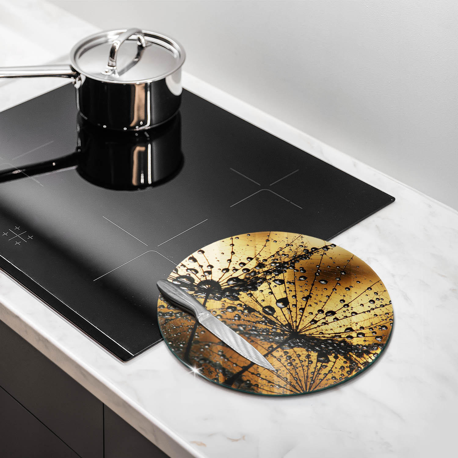 GLASPLATTE Ø 30 cm Rosa und Pusteblumen - Gelb, Glas (30/30cm) - Wallfluent