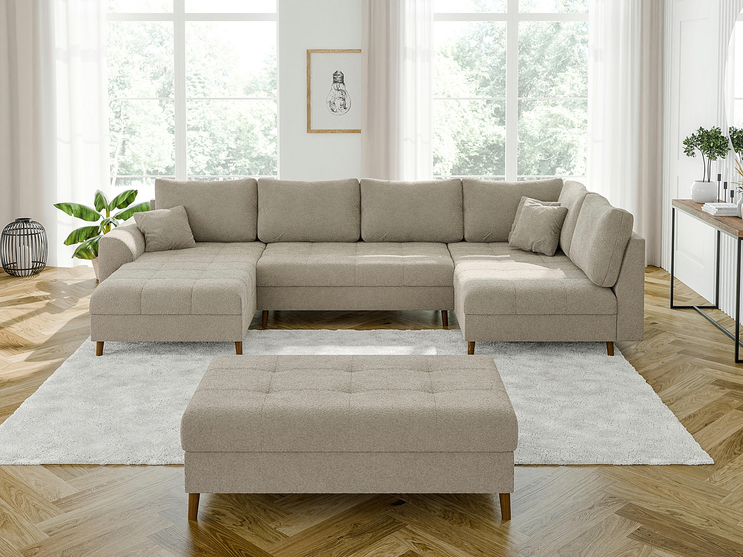 Thumbnail - S-Style Möbel Wohnlandschaft, Beige, Textil, Echtholz,Buche, Birke, 8-Sitzer, Füllung: Silikon,Silikon,Polyetherschaumke...