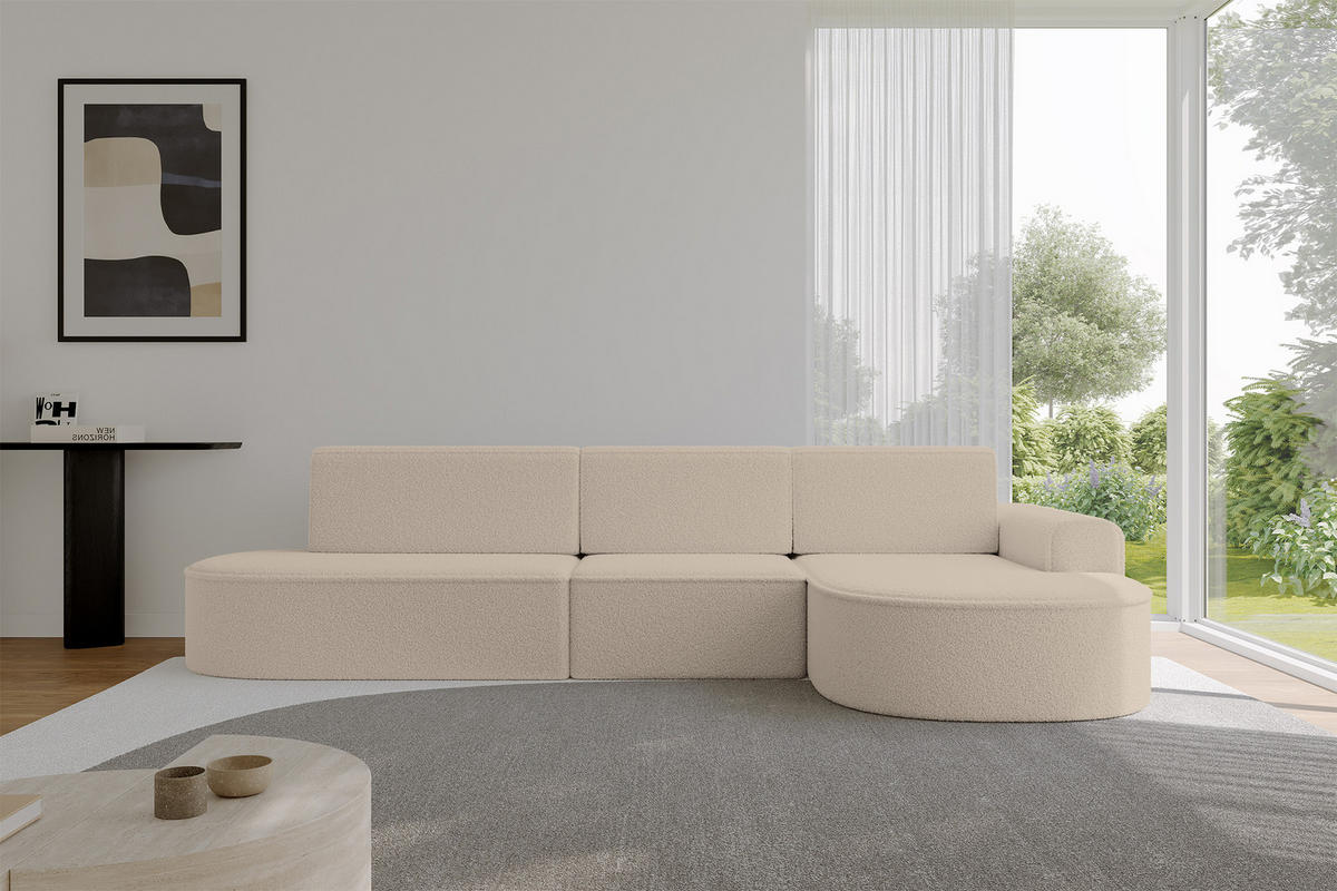 ECKSOFA mit Schlaffunktion Ottomane RECHTS MARI L2-S 368X167X85 Dunkelbeige Bouclé - Hellbraun/Schwarz, Holzwerkstoff/Kunststoff (167/368cm) - ALTDECOR