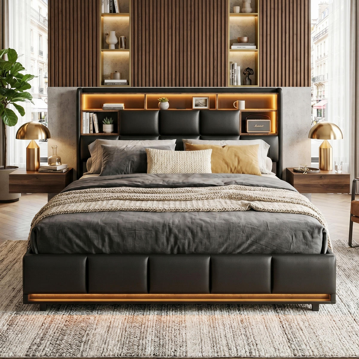 POLSTERBETT Industrial 140/200 cm mit Bettkasten & Dual-LED Kunstleder Schwarz - Schwarz, Textil (140/200cm) - Creahappy