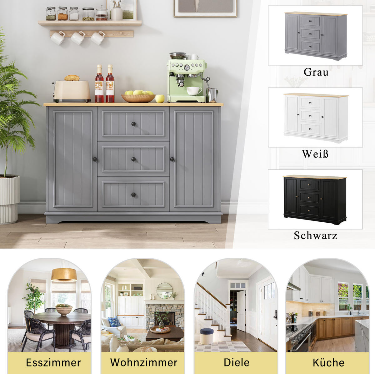 SIDEBOARD 126/40/86 cm grau aus MDF mit Schubladen und Türen - Grau, Holzwerkstoff (40/86/126cm) - OKWISH