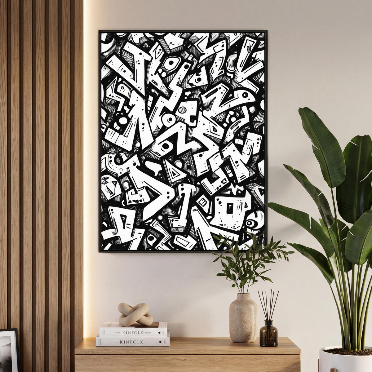 LEINWAND Bilder mit Rahmen - Formen - Buchstaben - Graffiti - Schwarz - 70x100 - Schwarz, Textil (70/100cm) - MuchoWow