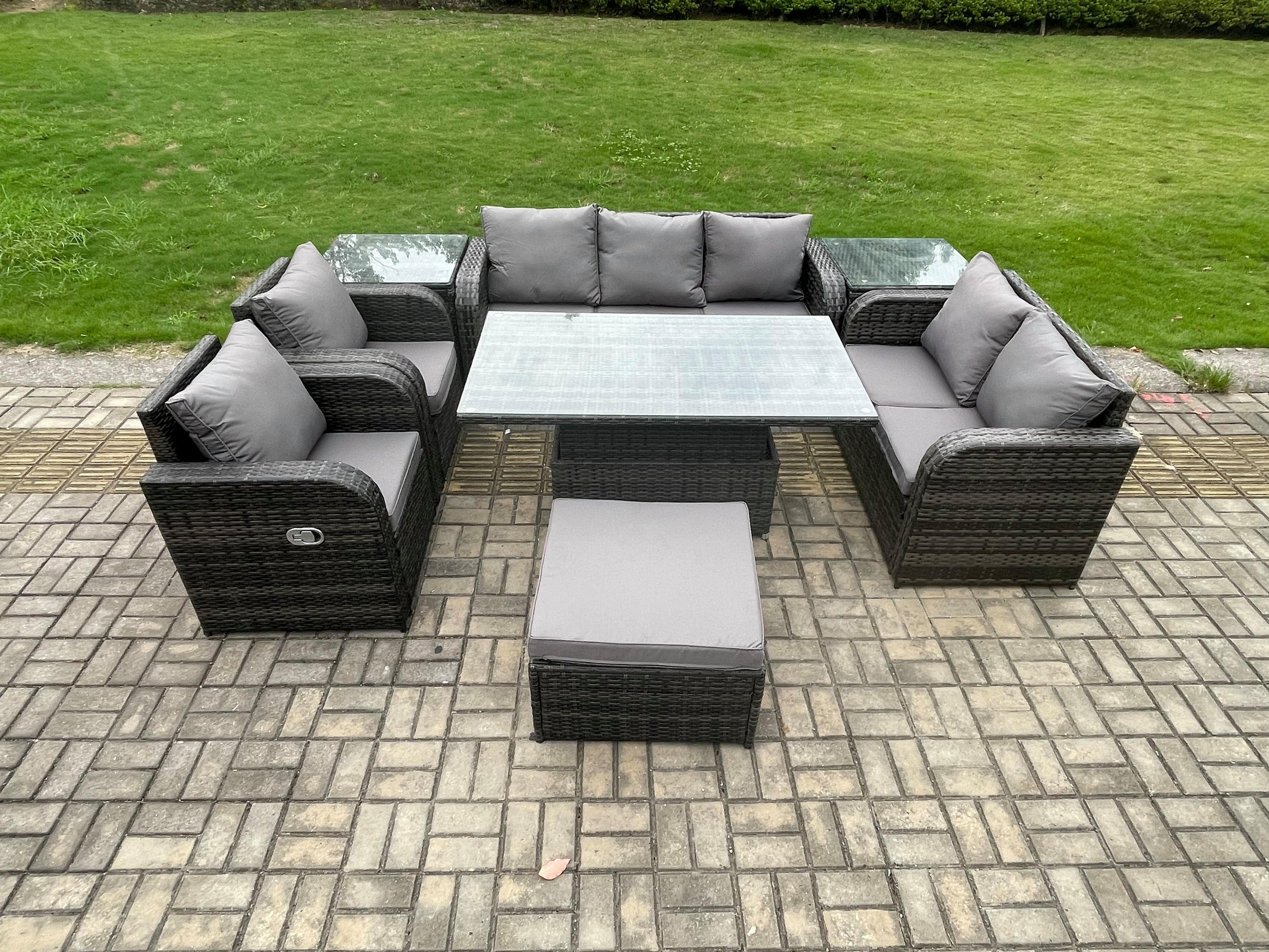 SITZGRUPPE GARTENSET MIT COUCHTISCH Polyrattan Outdoor 8-Sitzer - Dunkelgrau/Grau, Glas/Kunststoff - Fimous