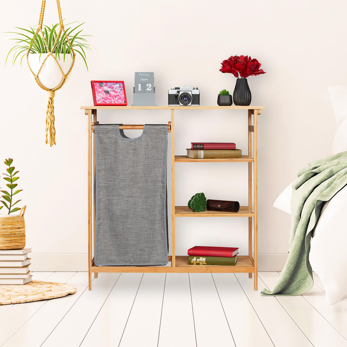 BADREGAL Wäschekorb - Hellbraun, Holz/Textil (80/80.5/33.5cm) - Relaxdays