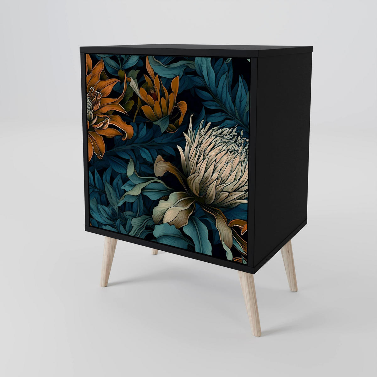 SIDEBOARD MORNING BLOOM, Schwarz, 57,5x42x75,5 cm, Goldfarbene Metallfüße - Goldfarben/Multicolor, Holzwerkstoff/Metall (57.5/75.5/42cm) - SpaceRebels