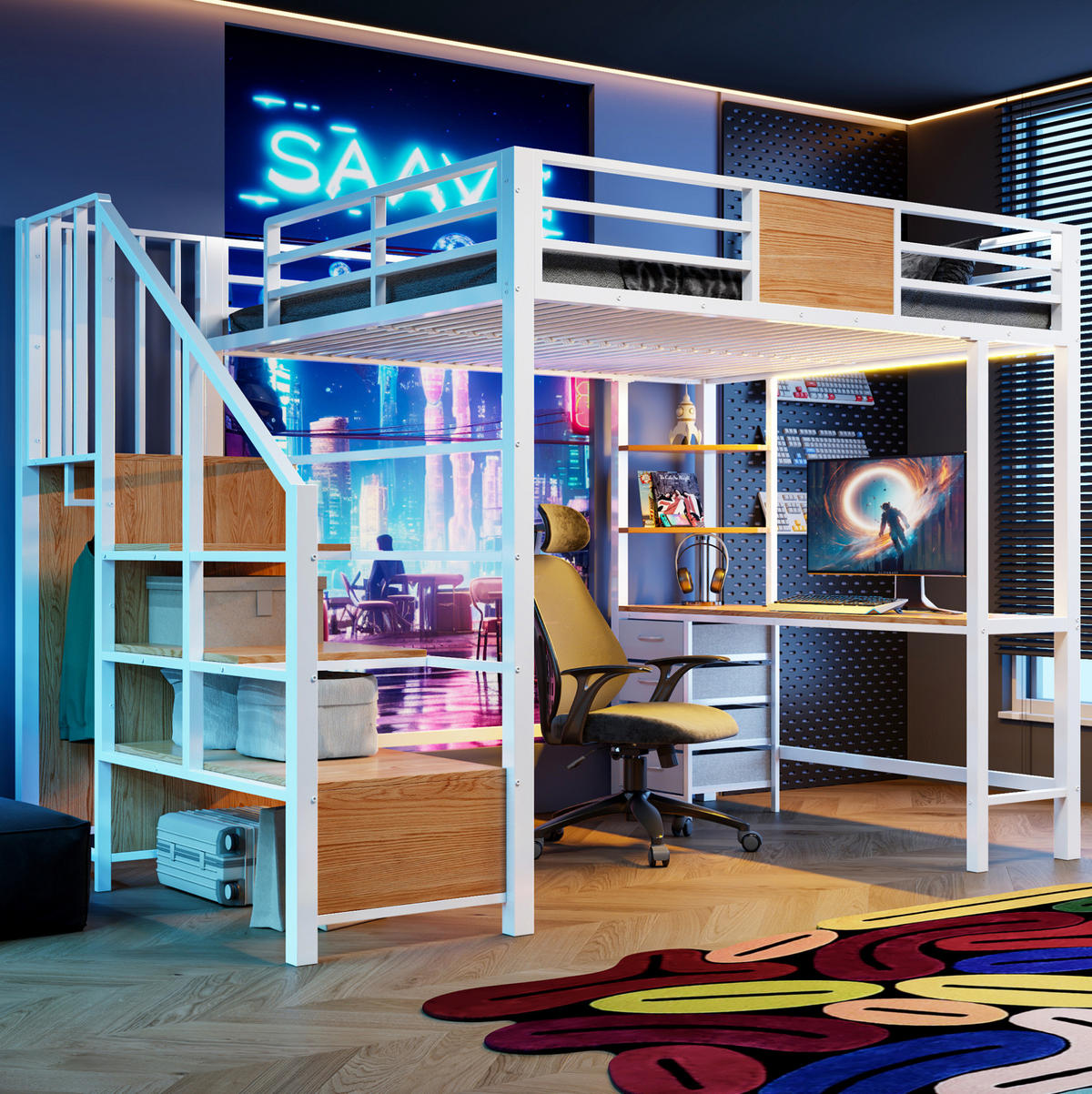 HOCHBETT 140/200 cm aus Metall und MDF mit Schreibtisch, Stauraum und LED-Beleuchtung Weiß - Weiß, Metall (140/200cm) - Modenvie