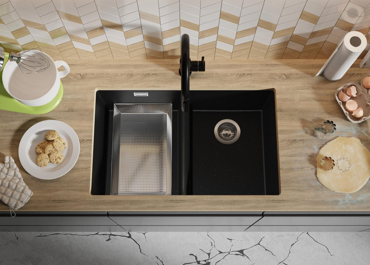 UNTERBAUSPÜLE GRANIT London Twin, 2-er set Schwarz Metallic 76/47 cm 2 Becken + Ablauf-Set ab 80er Unterschrank - Chromfarben/Schwarz Hochglanz, Kunststoff (76/20/47cm) - Primagran