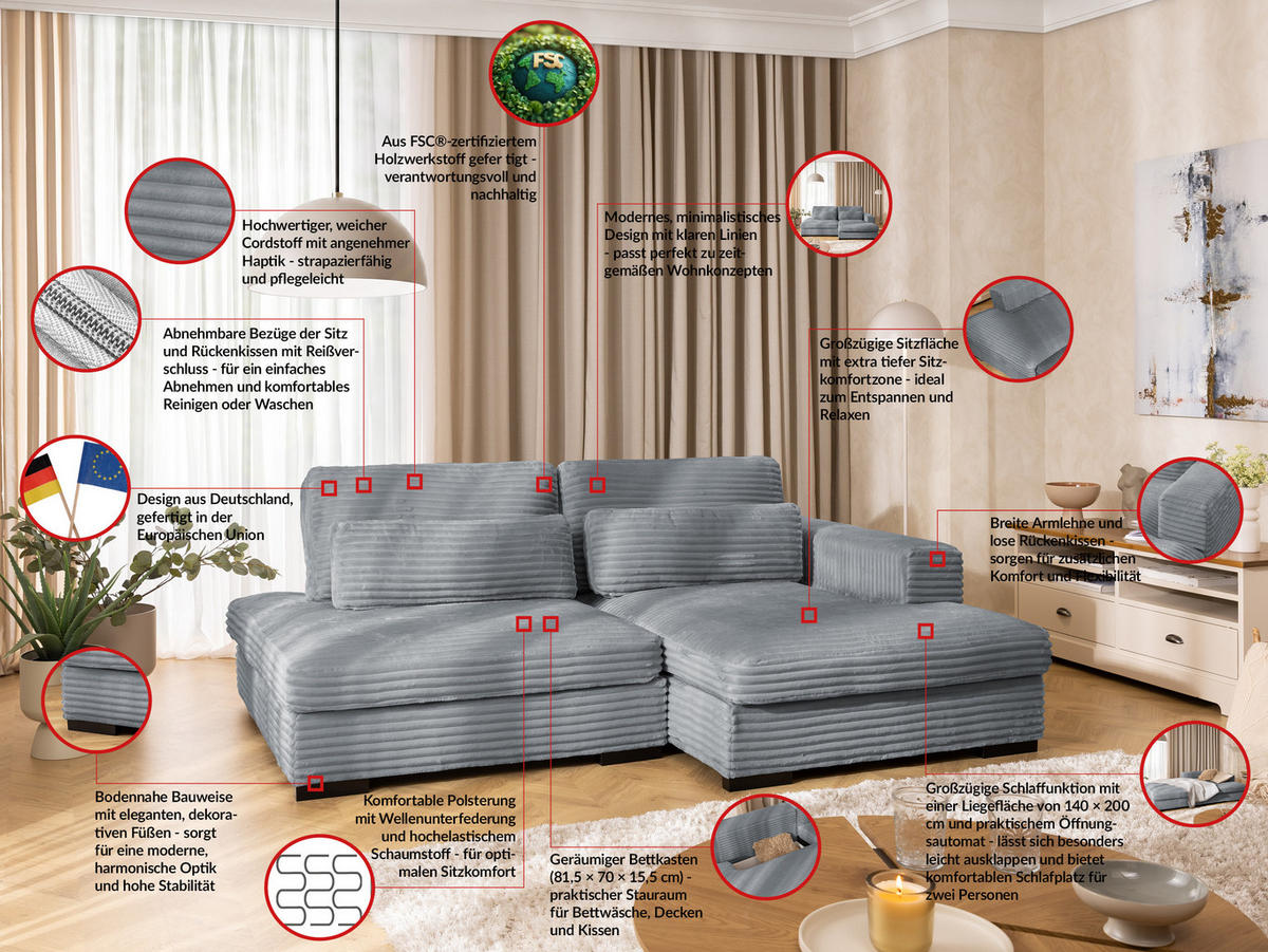 ECKSOFA Wolke mit tiefer Sitzfläche, Schlaffunktion und praktischem Bettkasten aus weichem Grau Cordstoff - Schwarz/Grau, Holz/Kunststoff (225/162cm) - S-Style