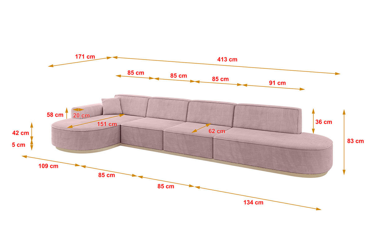 ECKSOFA Ottomane Links MARI-L3-v1 - 413x171x83 cm Rosa Cord - Rosa, Holzwerkstoff/Textil (413/171cm) - ALTDECOR