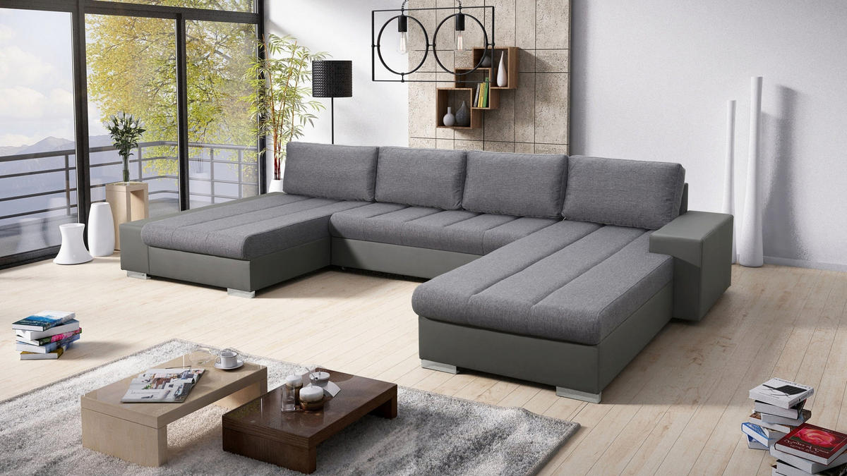 WOHNLANDSCHAFT VERONA U-Form mit Schlaffunktion, Bettkasten und Wellenfederung – Großzügiges Ecksofa 387 cm - Grau, Kunststoff (387/85/213cm) - Wohnideebilder
