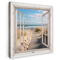 LEINWANDBILD Fenster - Meer - Küste - Natur - Ausblick - Strand - Wattenmeer 20x20 cm - Beige, Textil (20/20cm) - MuchoWow