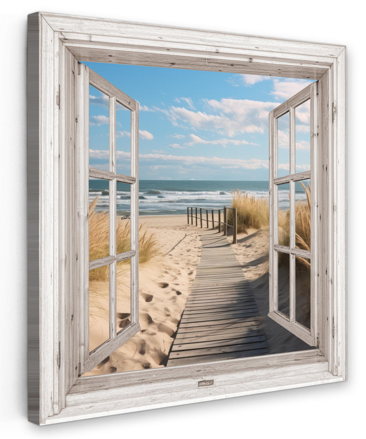 LEINWANDBILD Fenster - Meer - Küste - Natur - Ausblick - Strand - Wattenmeer 20x20 cm - Beige, Textil (20/20cm) - MuchoWow