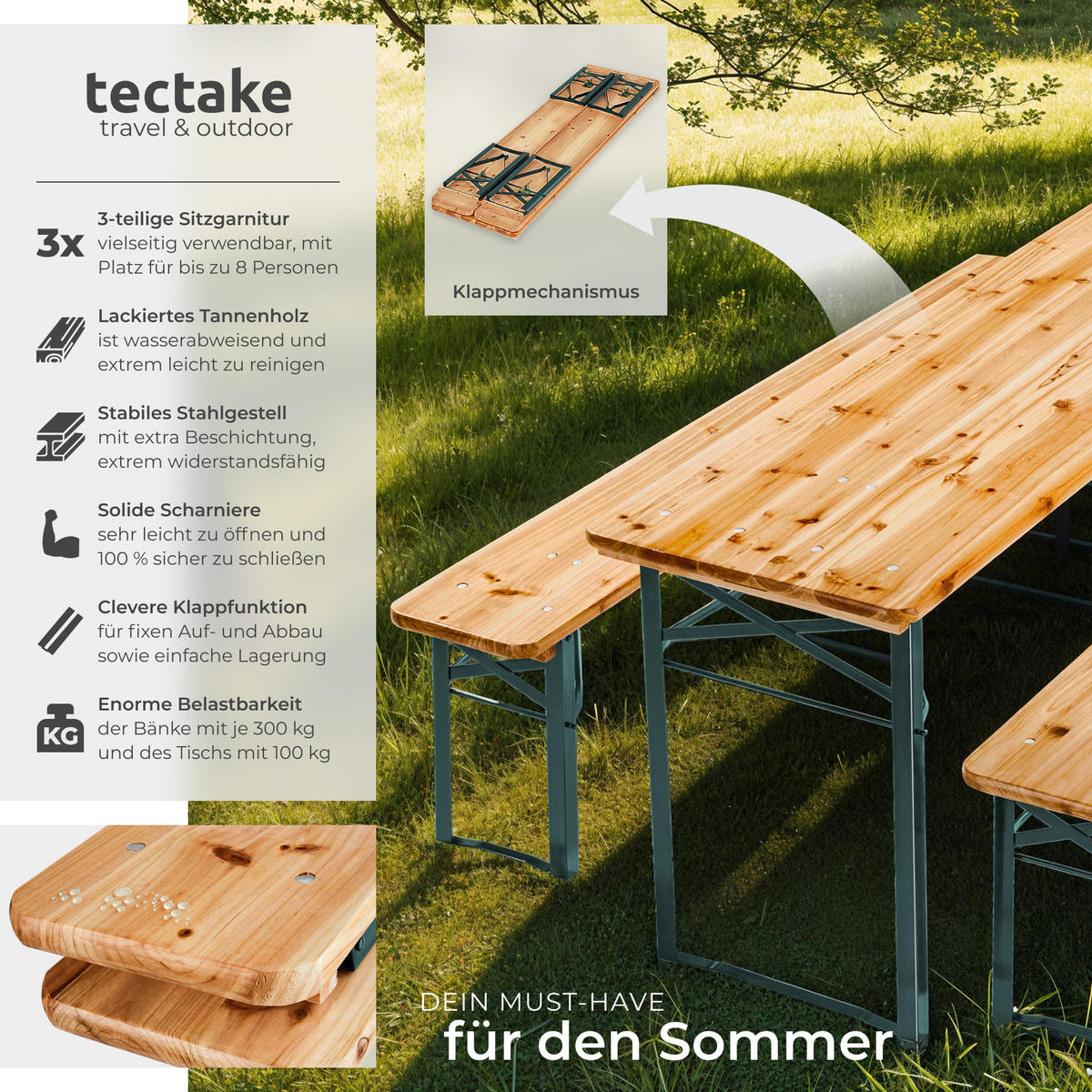 BIERZELTGARNITUR Sissi,robustes Tannenholz mit Schutzlackierung,braun - Braun, Naturmaterialien/Holz - tectake