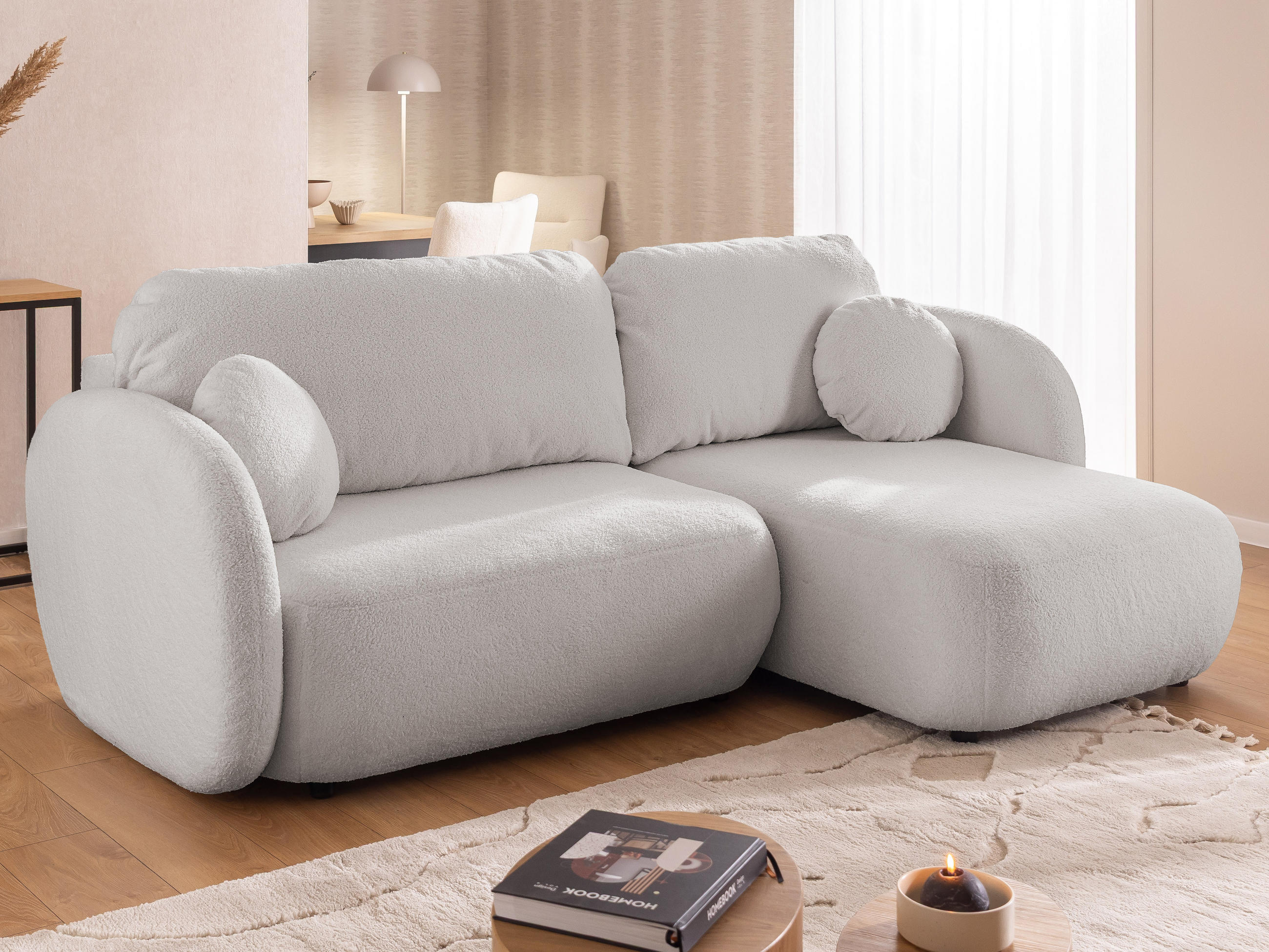 ECKSOFA Candy mit Schlaffunktion Hellgrau Bouclé-Stoff - Ottomane rechts - Hellgrau/Schwarz, Holz/Kunststoff (146/230cm) - S-Style Möbel