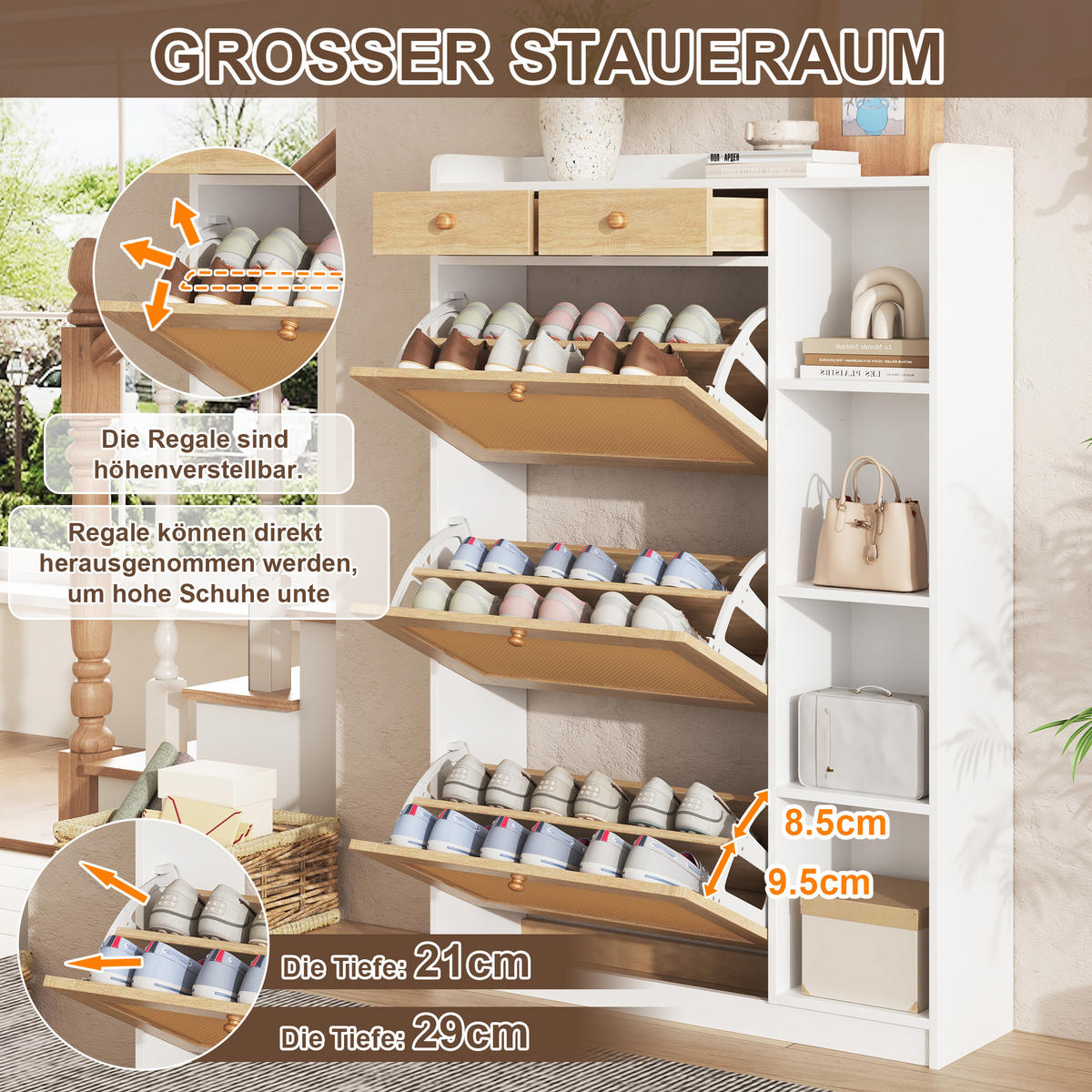 SCHUHSCHRANK 90x24x130cm Rattan mit 3 Klappen, 2 Schubl. - Weiß/Naturfarben, Holzwerkstoff (90/130/24cm) - FLIEKS