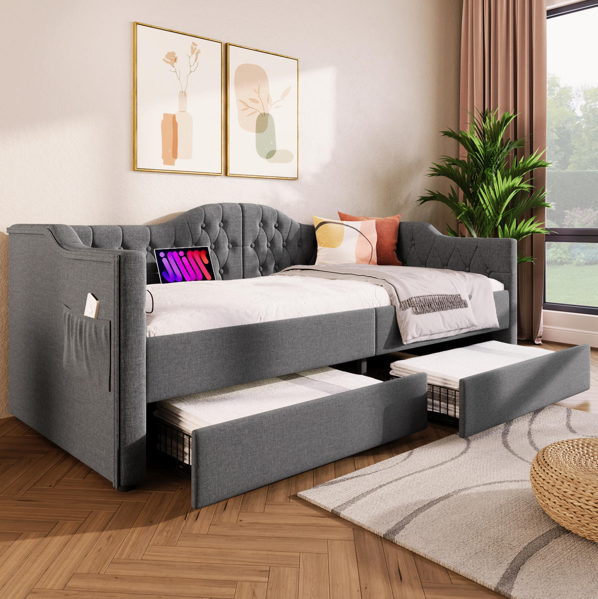 POLSTERBETT 90/200 cm Grau mit 2 Schubladen und USB- und Type-C-Anschlüssen - Grau, Textil (90/200cm) - Flora Grace