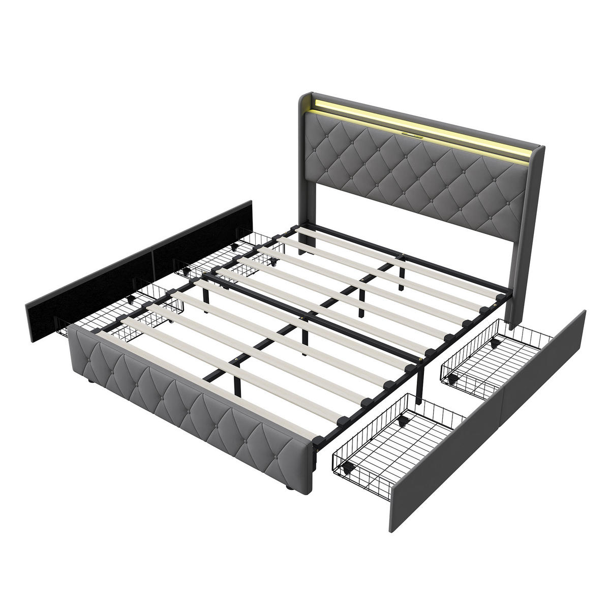 POLSTERBETT 140x200 cm mit 4 Schubladen, LED, USB & Type-C, Doppelbett Kopfteil und Lattenrost, Grau - Grau, Metall (140/200cm) - EuroLiving