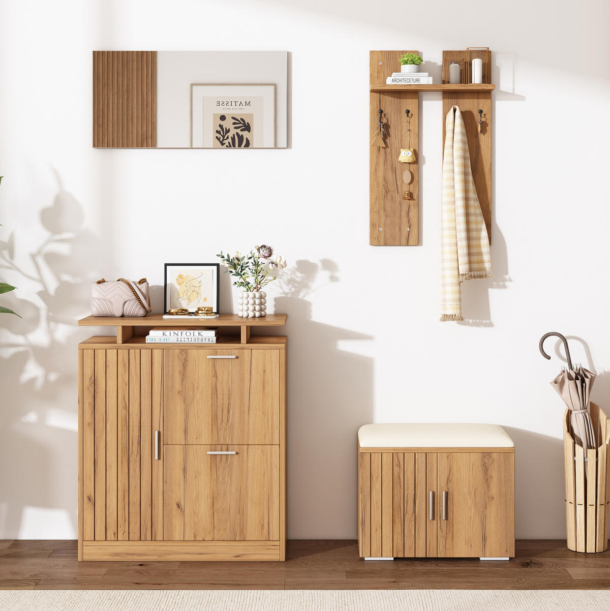 FLUR-GARDEROBEN-SET 140/35/133 cm aus Spanplatte mit Spiegel und gepolsterter Schuhbank Natur - Naturfarben, Holzwerkstoff (140/133/35cm) - Modenvie