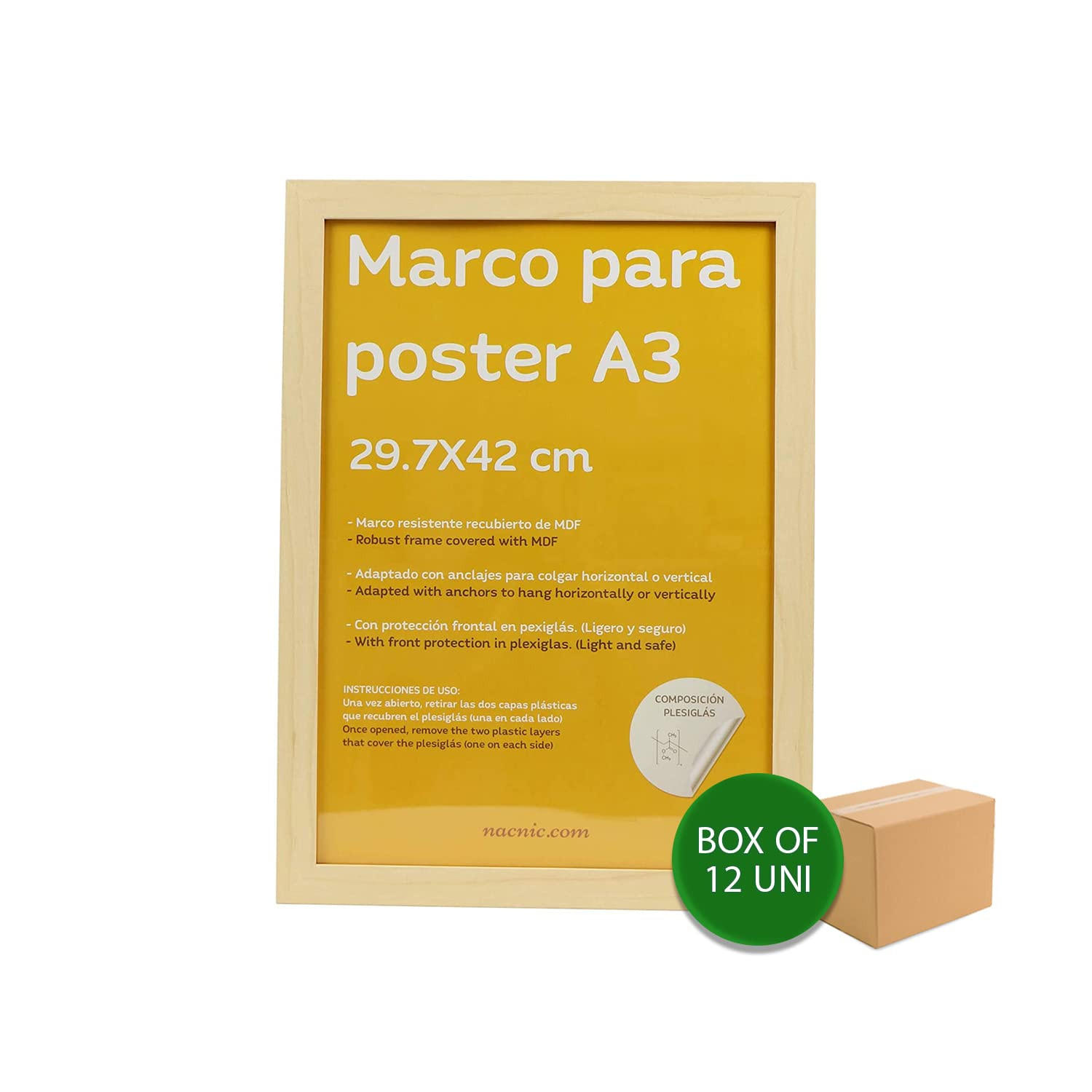 RAHMEN Set mit 12 aus MDF und Acrylglas Schutz und Aussteller für Fotografien, Bilder, Poster, Gemälde, Dekoration für Haus Farbe Weiß A3 - Beige, Holz (29.7/3/42cm) - Nacnic