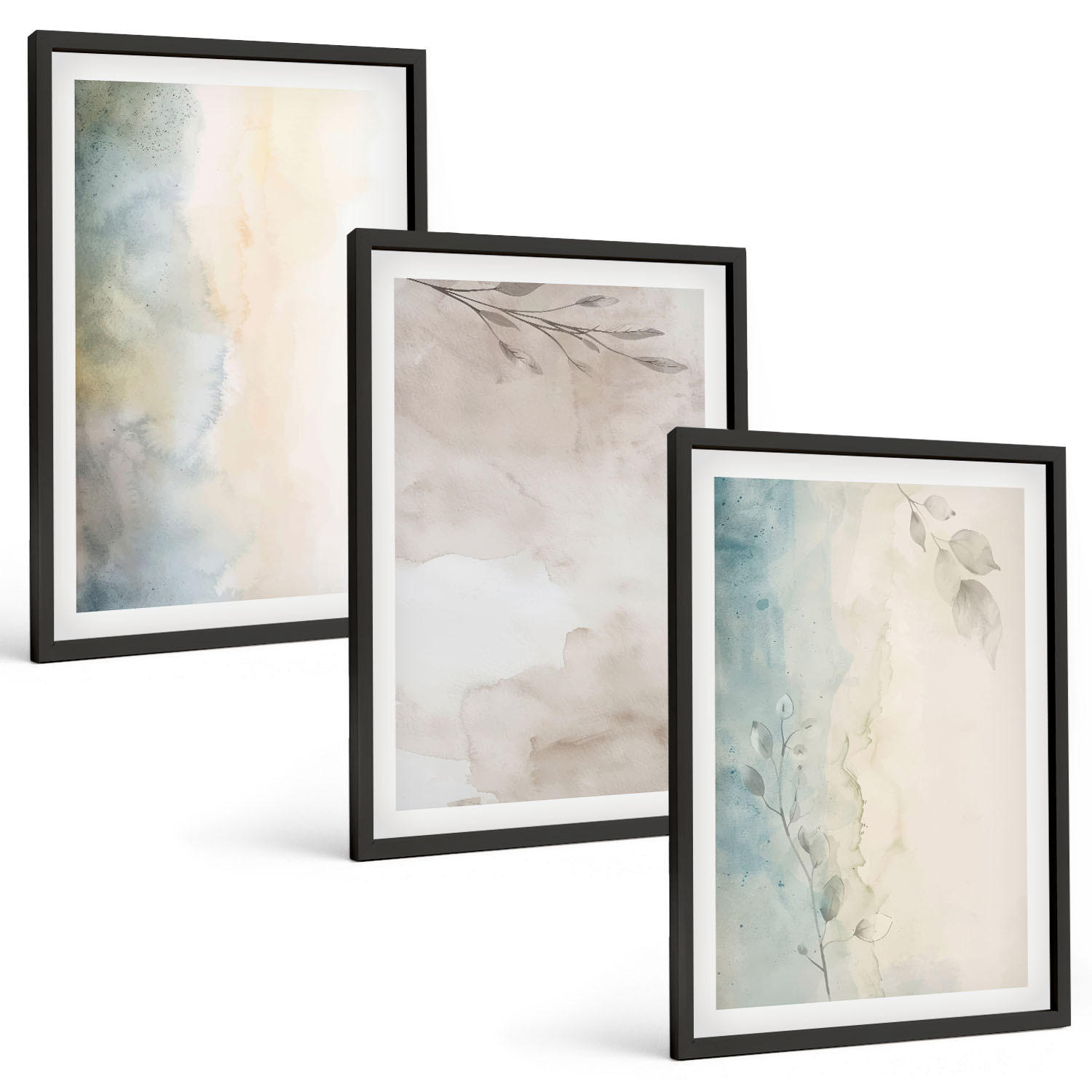BILDER SET 3er Set - 40x60 cm Schwarzer Rahmen - Zarte Aquarellkartons - Schwarz, Kunststoff (40/60cm) - TULUP