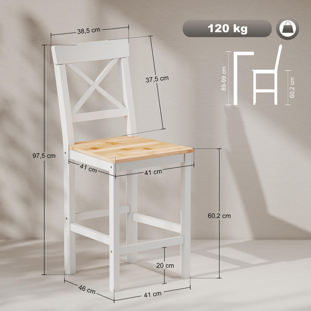 BARHOCKER Natur 2er-Set 41/46/97,5 cm - Naturfarben, Holz (46/97.5/41cm) - PANGIVO