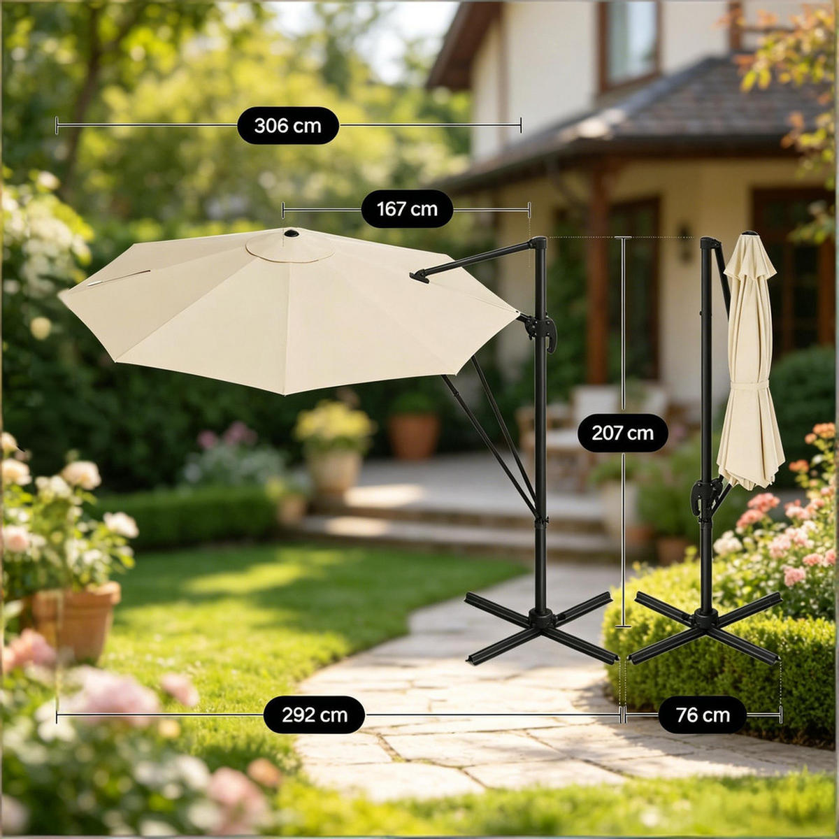 SONNENSCHIRM Metall Polyester 306x167x207 cm Beige Mit Kreuzfuß - Beige, Textil (167/306cm) - Raelunyi
