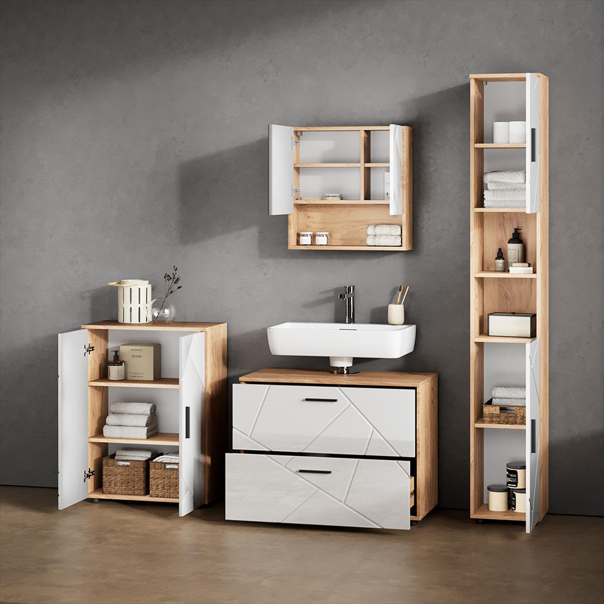 BADMÖBEL-SET Ronco Weiß Hochglanz/Goldkraft Eiche 4 Teile, mit Schubladenschrank und Midischrank - Weiß Hochglanz/Eiche Wotan, Holzwerkstoff (80/58/41cm) - Livinity®