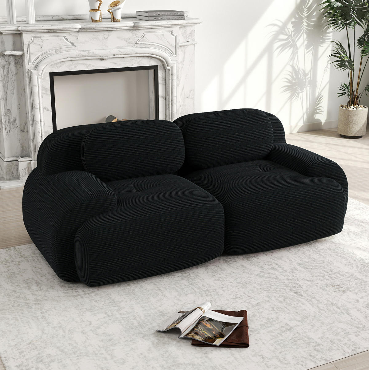 2-SITZER-SOFA Ecksofa 208/103/75 cm schwarz aus Cordstoff mit geschwungenen Armlehnen - Schwarz, Textil (103/75/208cm) - OKWISH