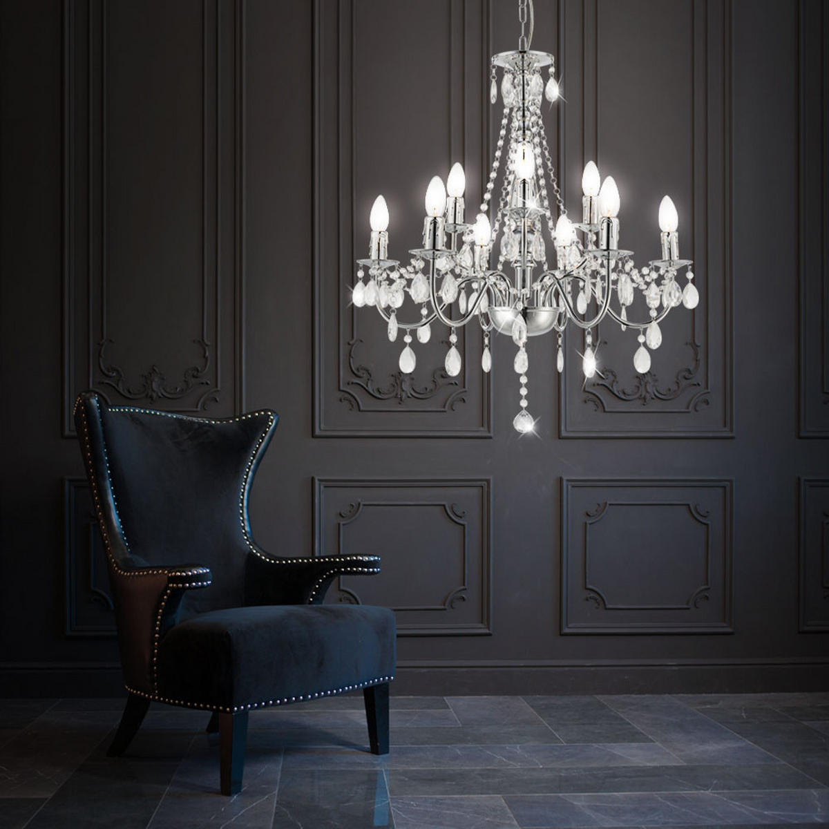KRONLEUCHTER WILLIAM Chrom Silber Kristalloptik - Silberfarben, Metall (63/63/153cm)