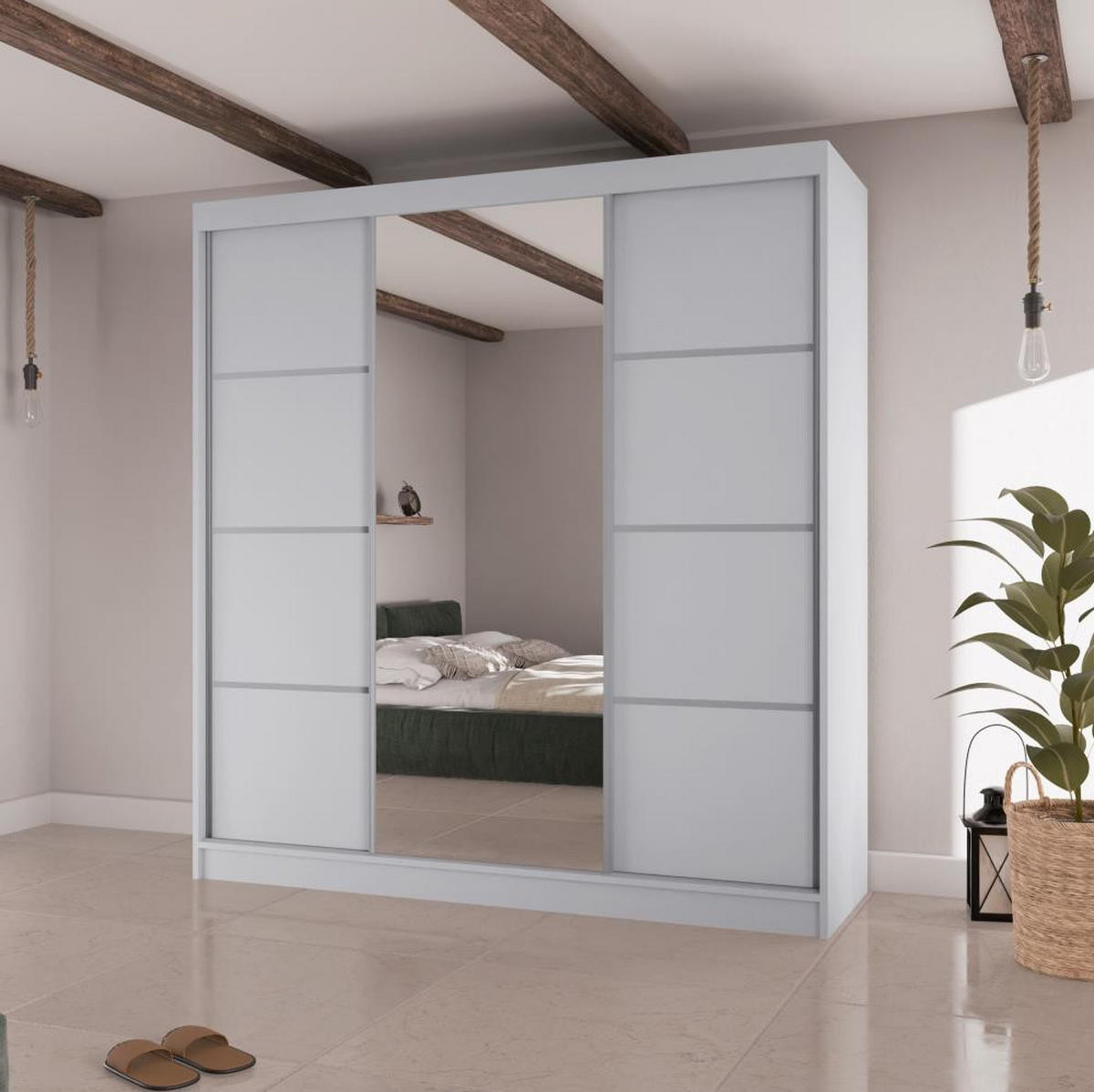SCHWEBETÜRENSCHRANK Vilo II 200/61/215 weiß+silber - Silberfarben/Weiß, Holzwerkstoff (200/215/61cm) - Beautysofa