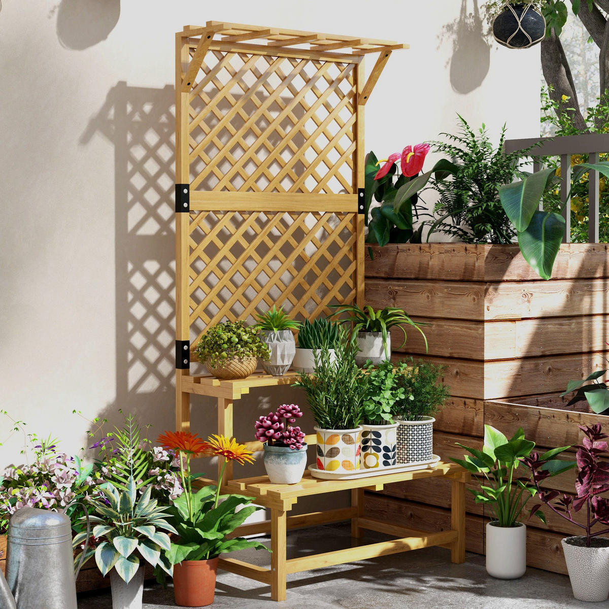 BLUMENTREPPE mit Rankhilfe, 2 Stufen, Pflanzentreppe für Innen Außen, Holz - Gelb, Holz (50/166/75cm) - Outsunny
