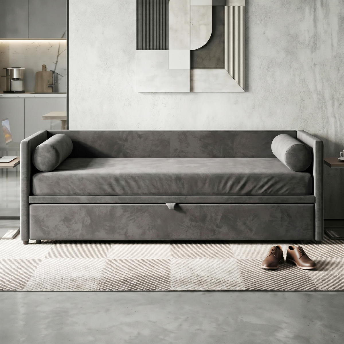 POLSTERBETT Tagesbett 90/200 cm ausziehbar auf 180/200 cm Samtoptik Grau - Grau, Textil (180/200cm) - Creahappy