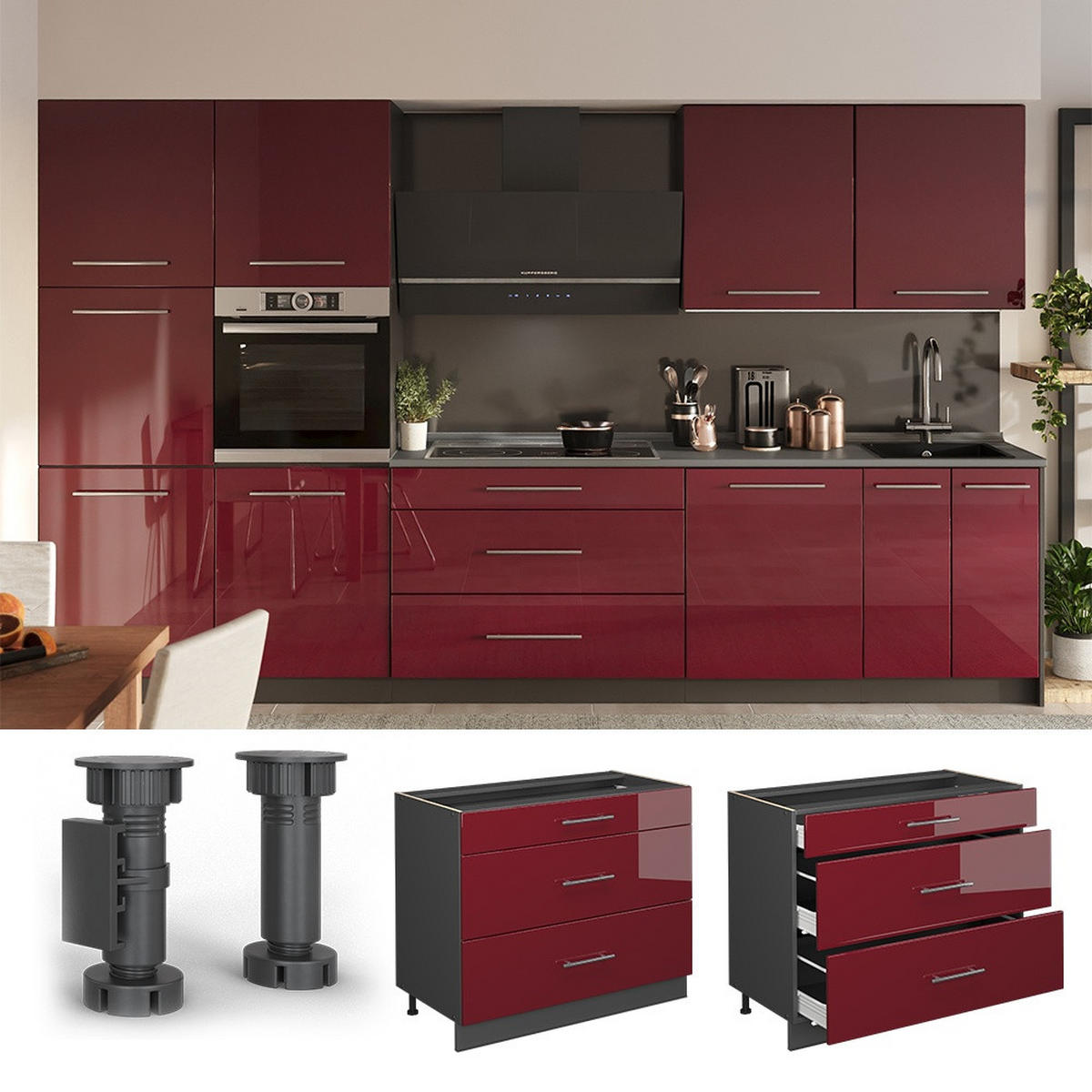 KÜCHENUNTERSCHRANK Fame-Line, Bordeaux Hochglanz/Anthrazit, 100 cm, AP Eiche - Bordeaux/Anthrazit, Holzwerkstoff (100/82/60cm) - Vicco