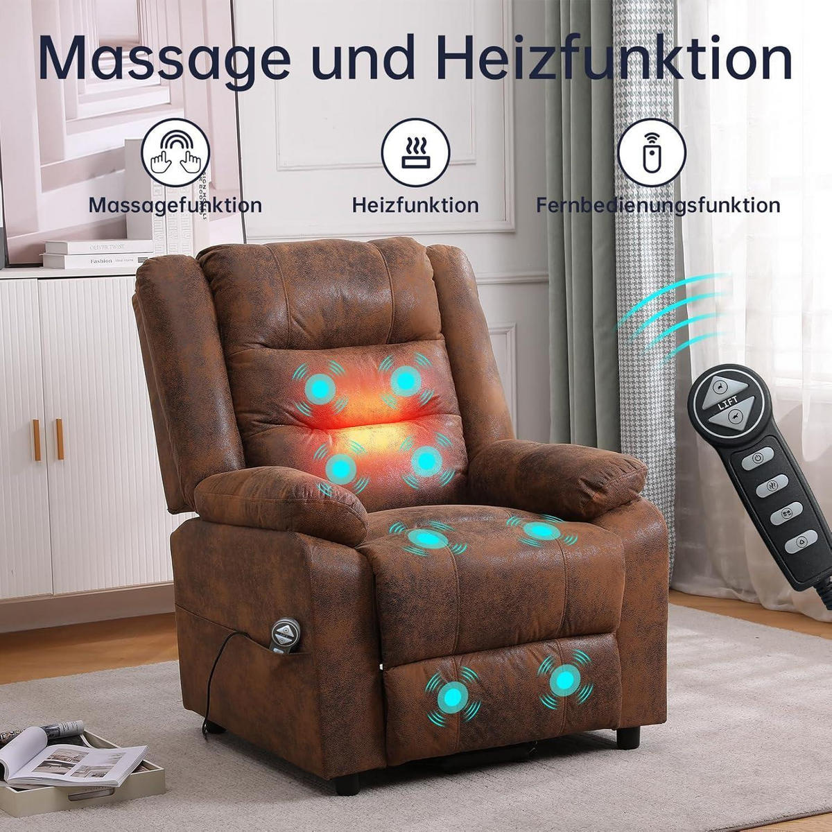 FERNSEHSESSEL mit Aufstehhilfe und Massagefunktion Braun - Braun, Kunststoff (84/137/164cm)