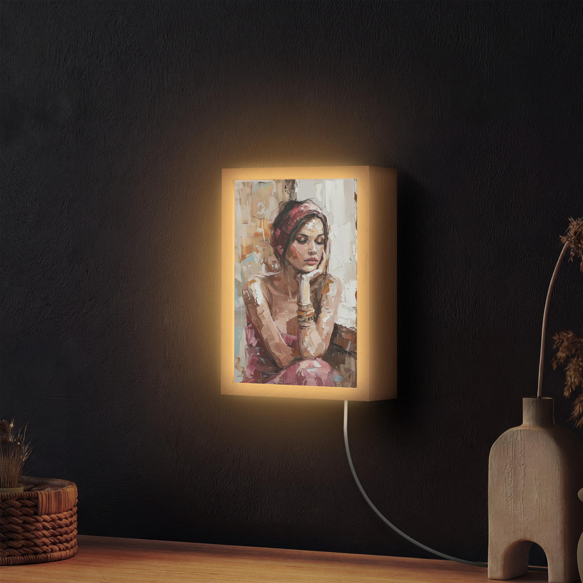 NÁSTĚNNÁ LAMPA Žena - vzhled malby - portrét - moderní 20x30 cm - hnědá, kompozitní dřevo (20/30/8cm) - OnlyWow