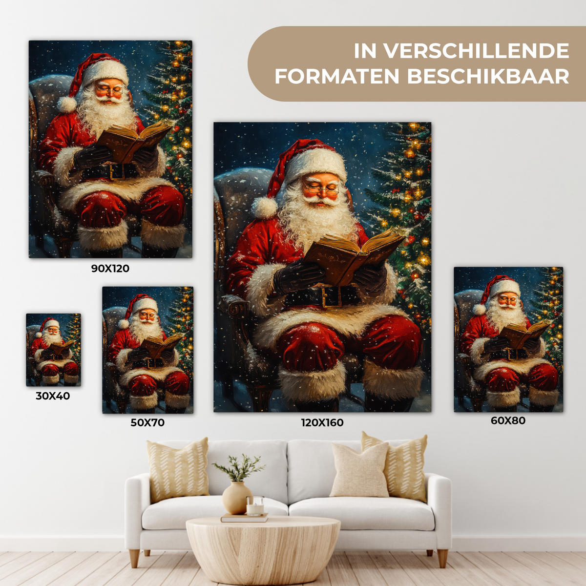 LEINWANDBILD Weihnachtsmann - Weihnachten - Winter - Weihnachtsbaum Wandbild Wohnzimmer 60x80 cm - Bordeaux, Textil (60/80cm) - MuchoWow