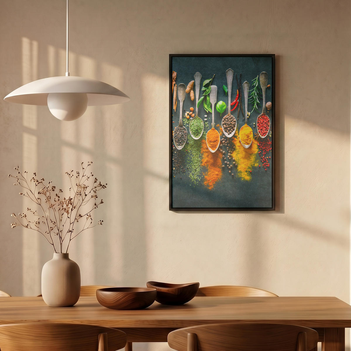LEINWAND Bilder mit Rahmen - Kräuter - Gewürze - Löffel - 40x60 - Currygelb, Textil (40/60cm) - MuchoWow