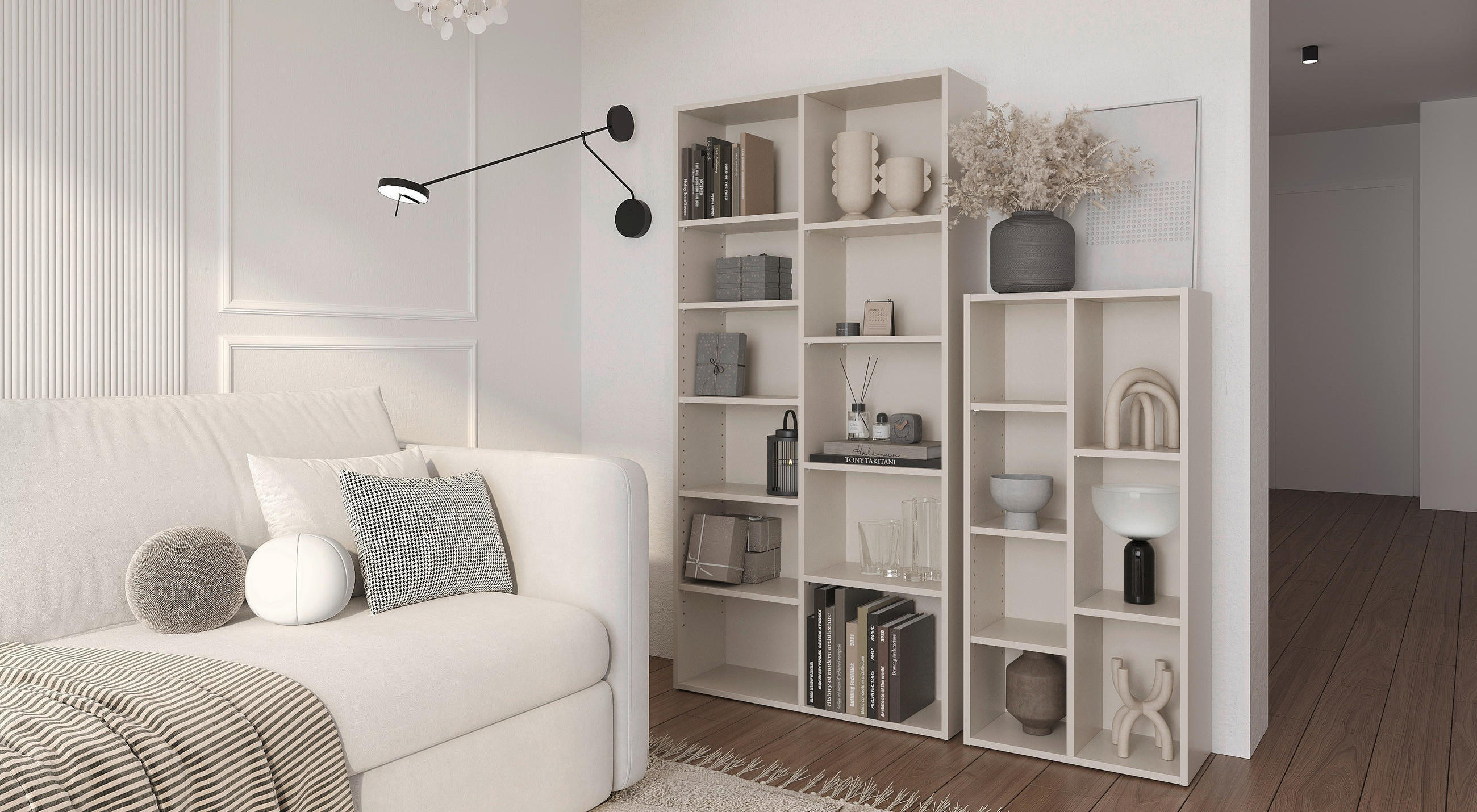 Beiges Bücherregal in modernem Design in Wohnzimmer mit beiger Couch.