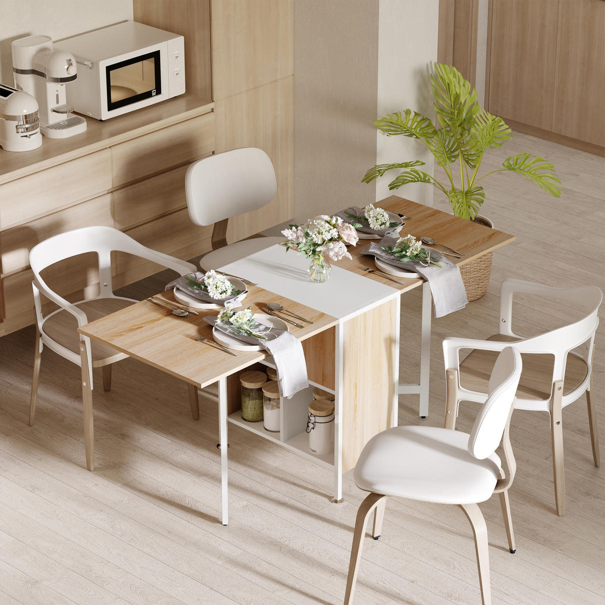 KLAPPTISCH Esstisch Beistelltisch Eiche Metallrahmen Küche Wohnzimmer Natur+Weiß - Naturfarben, Kunststoff (60/75/169cm) - HOMCOM